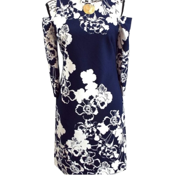Eliza J Navy Blue and White Cold Shoulder Floral Pansy Print Dress Size 6 - Picture 5 of 12